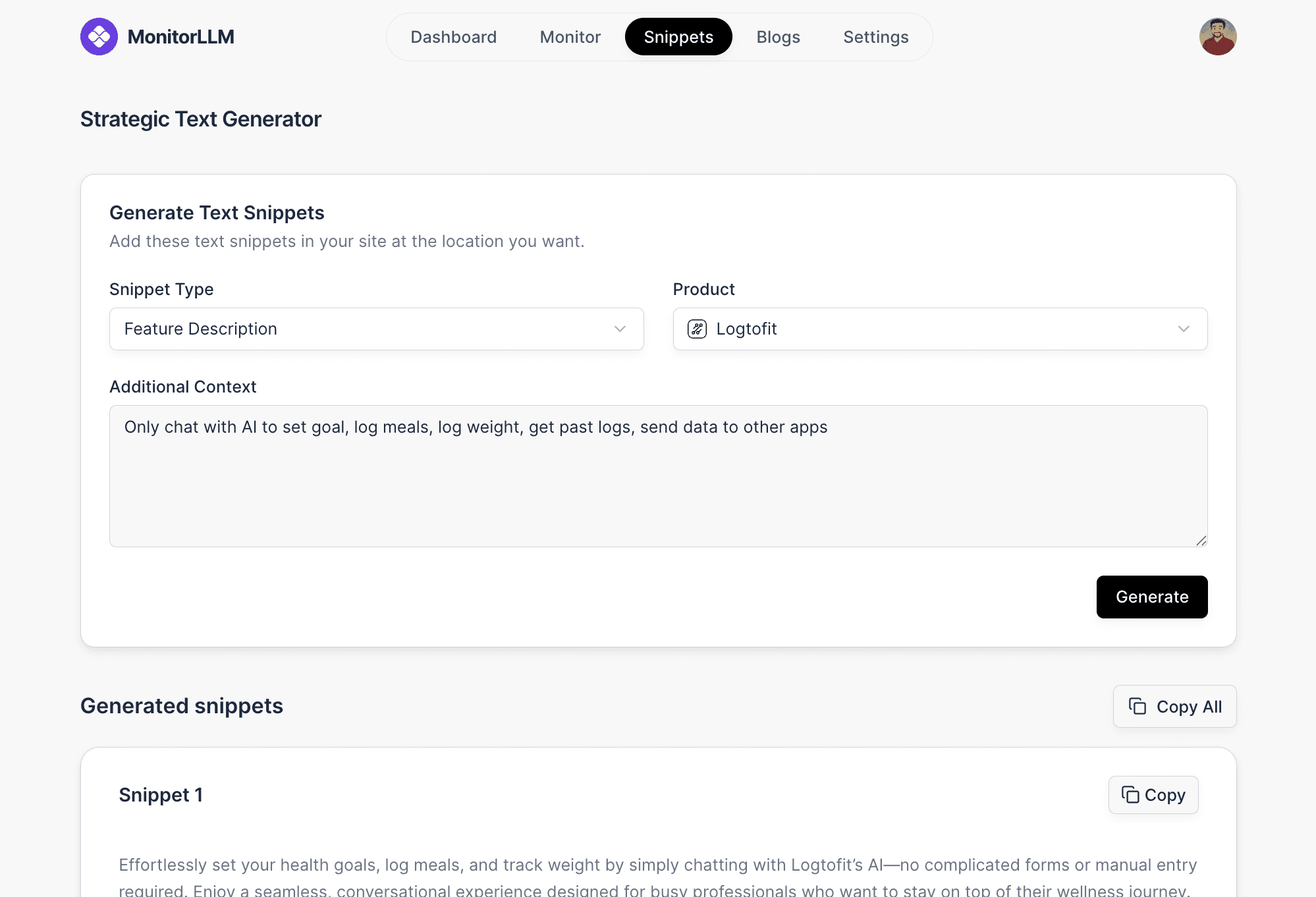 Strategic Text Generator Interface
